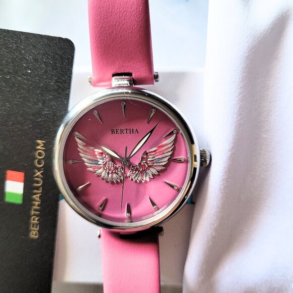 Bertha Women's 3D Angel Wings Pink Leather Watch - Picture 5 of 8